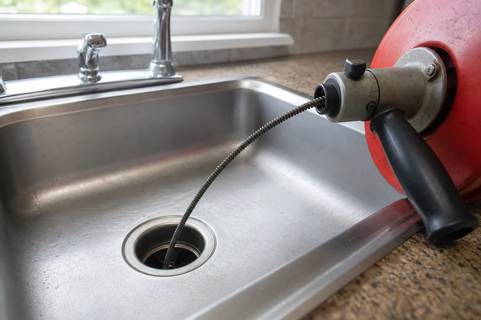 A drain auger being fed into a kitchen sink drain.