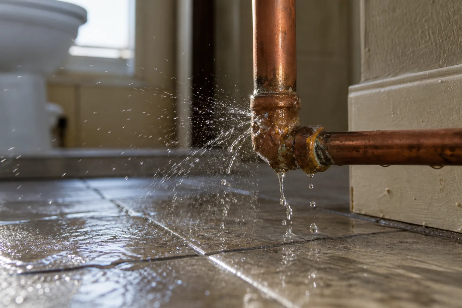 A leaking copper water pipe dripping onto a wet floor in a home.