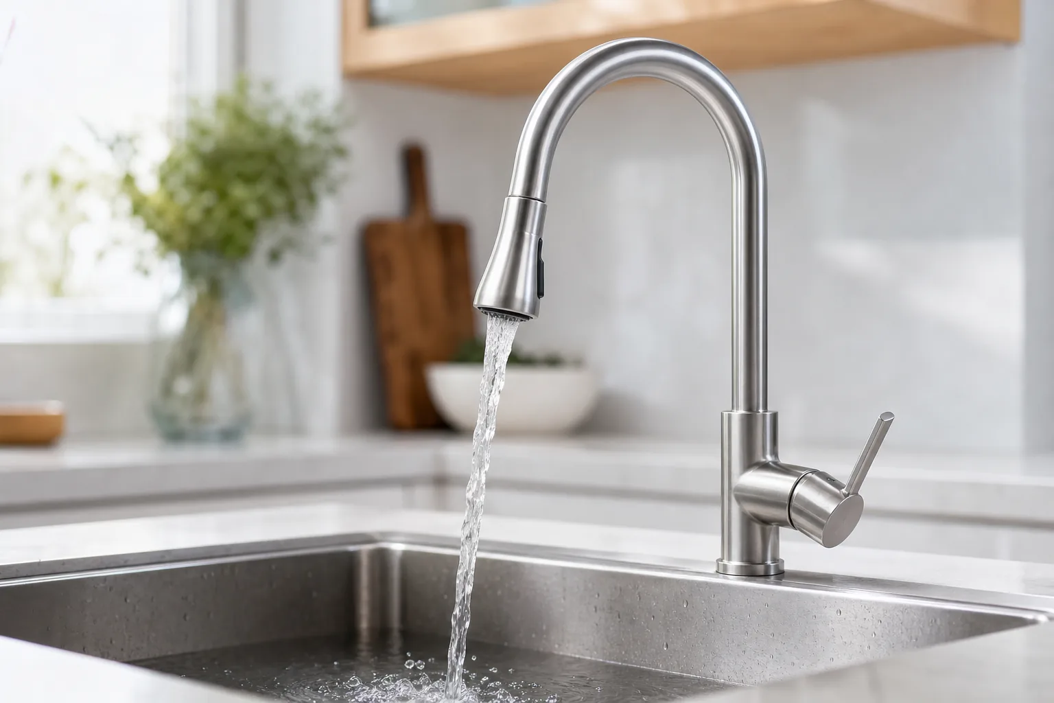 A modern kitchen faucet running clear water into a stainless-steel sink.