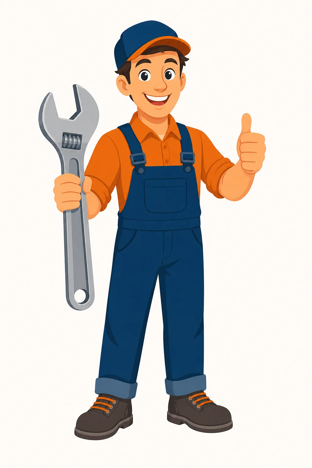 Friendly illustrated repair character holding a wrench.
