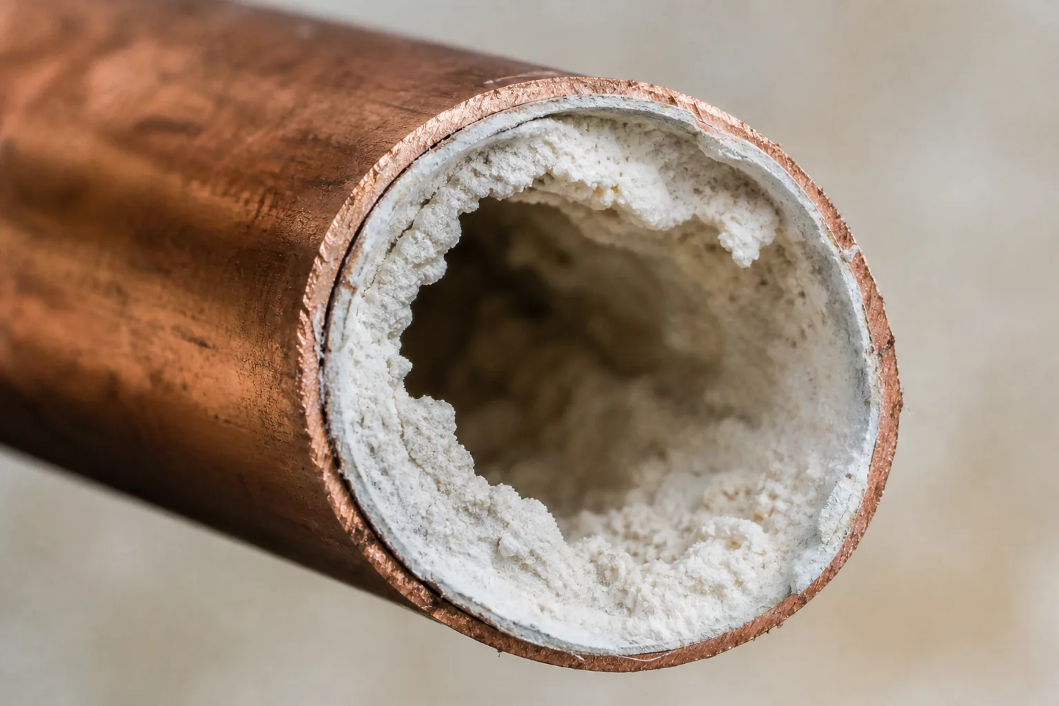 A cutaway copper pipe showing thick white calcium scale buildup on the inside wall from hard water.