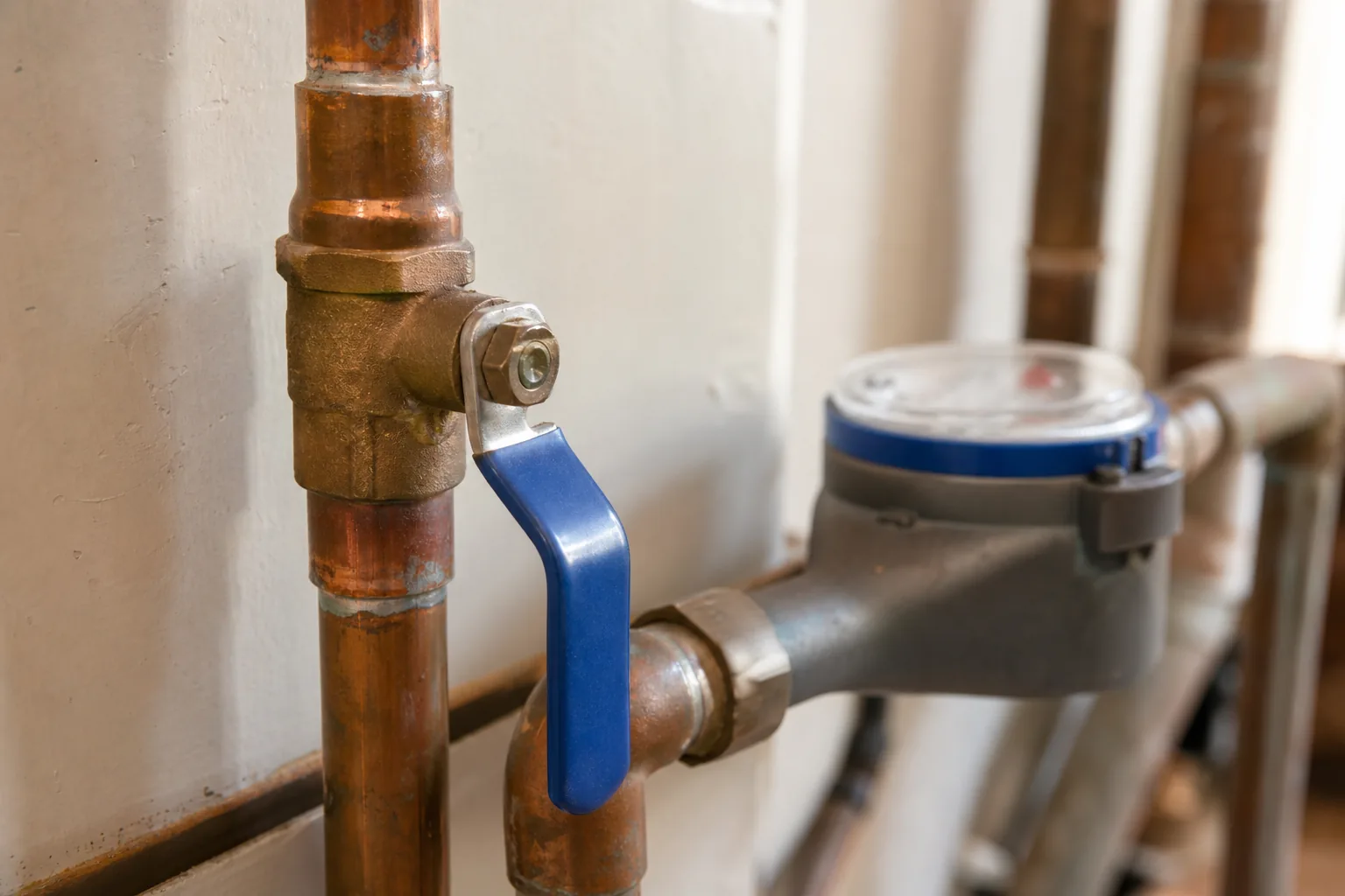 A residential main water shutoff valve on a copper line beside the water meter.