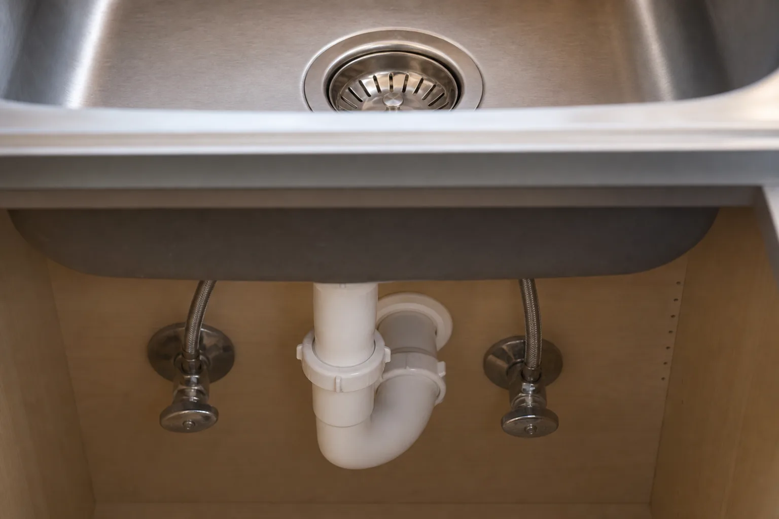 A stainless kitchen sink drain and the white PVC P-trap and shutoff valves under the sink.