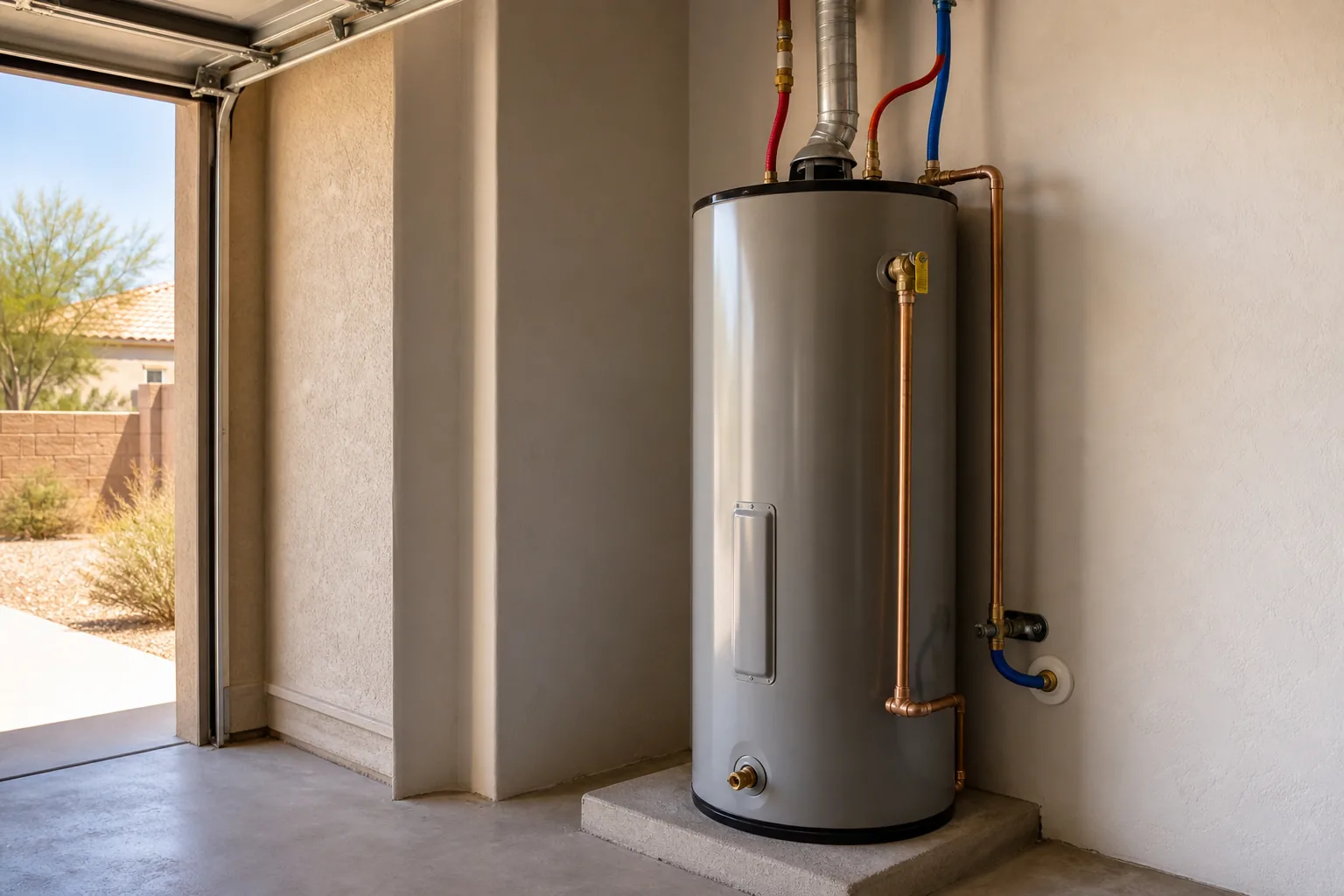 A residential water heater with copper and PEX supply lines in a home garage.